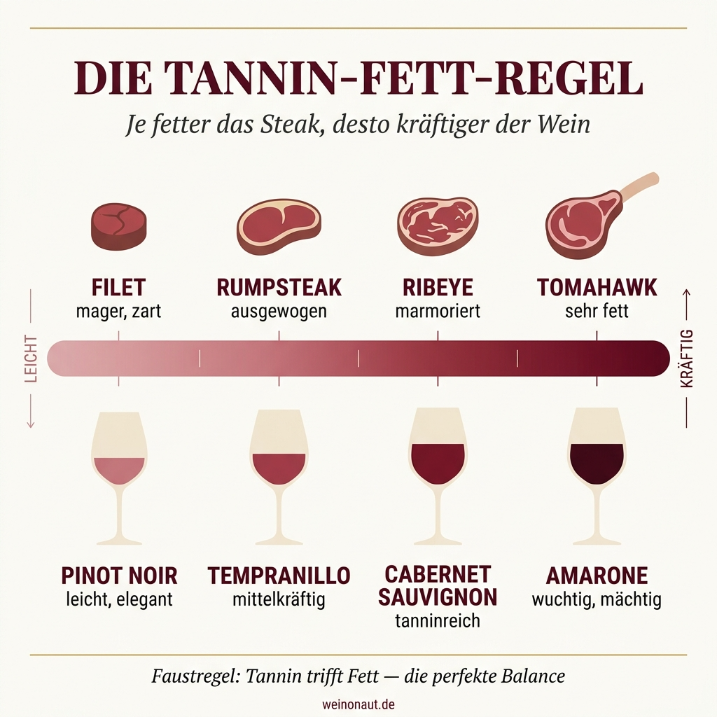 Infografik Tannin-Fett-Regel: Je fetter das Steak (Filet, Rumpsteak, Ribeye, Tomahawk), desto kräftiger der passende Rotwein (Pinot Noir, Tempranillo, Cabernet Sauvignon, Amarone)