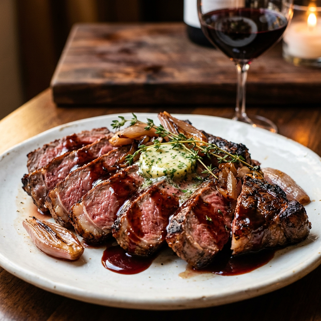 Saftiges Steak mit dunkler Rotweinsauce, Demi-Glace und Kräuterbutter — perfekt kombiniert mit einem kräftigen Bordeaux