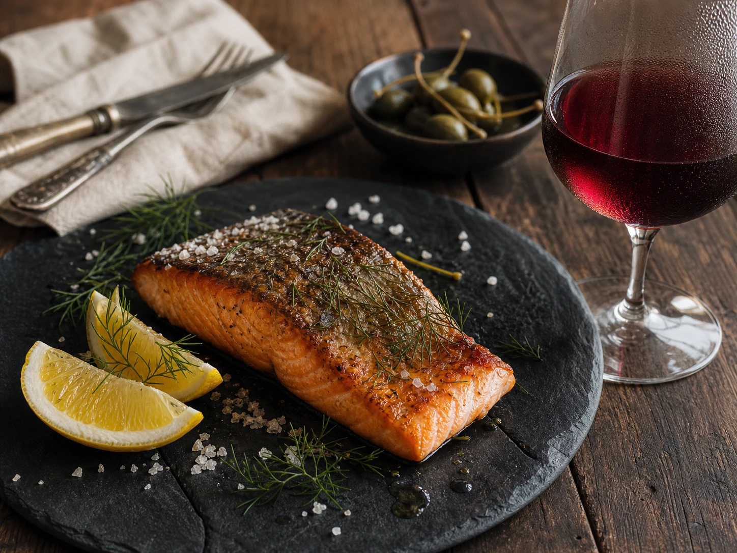 Gegrilltes Lachsfilet mit Zitrone, Dill und einem Glas gekühlten Weißwein – klassisches Wein-Fisch-Pairing