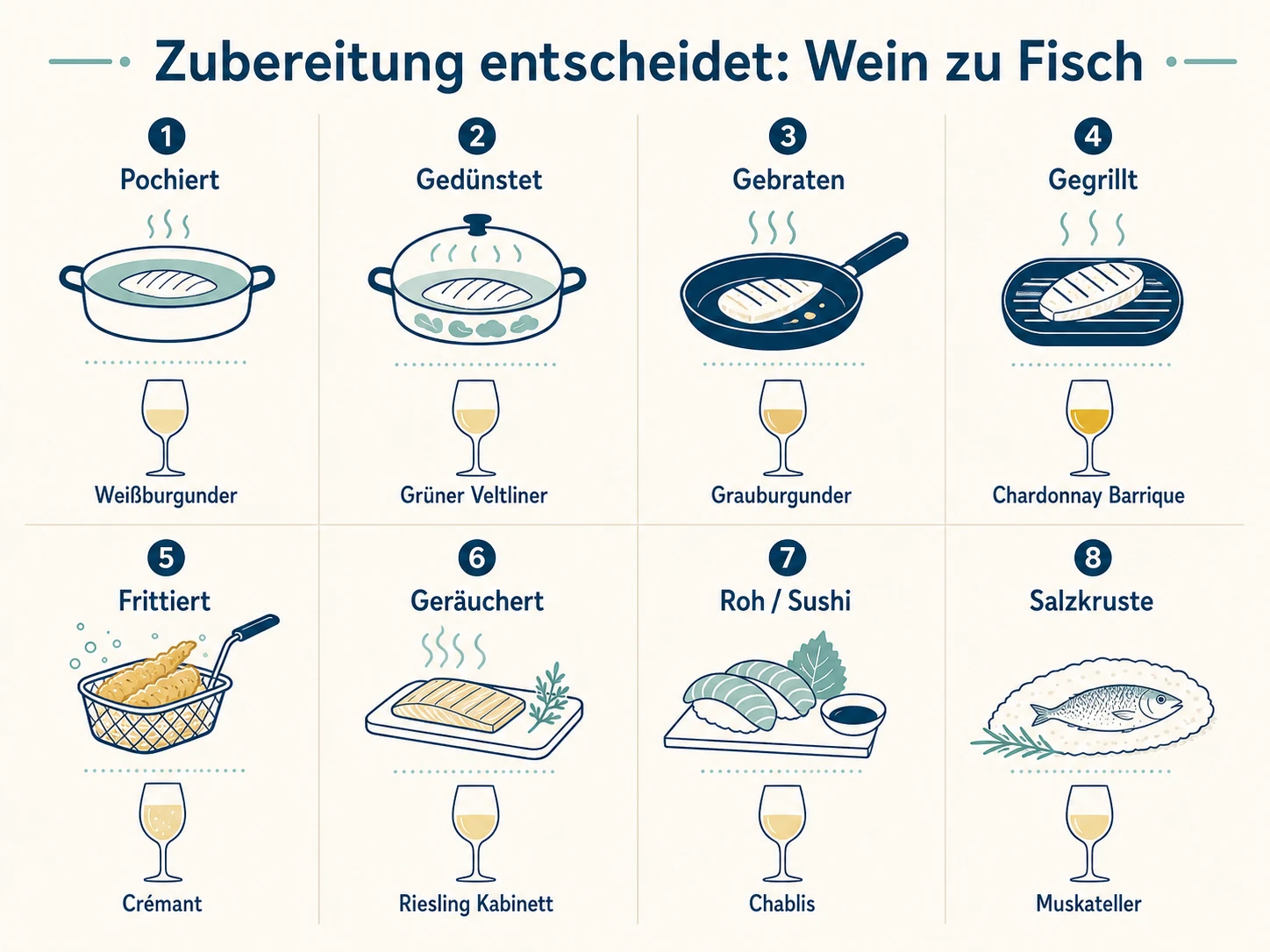 Infografik: Zubereitungsart von Fisch und passender Wein – von pochiert bis geräuchert